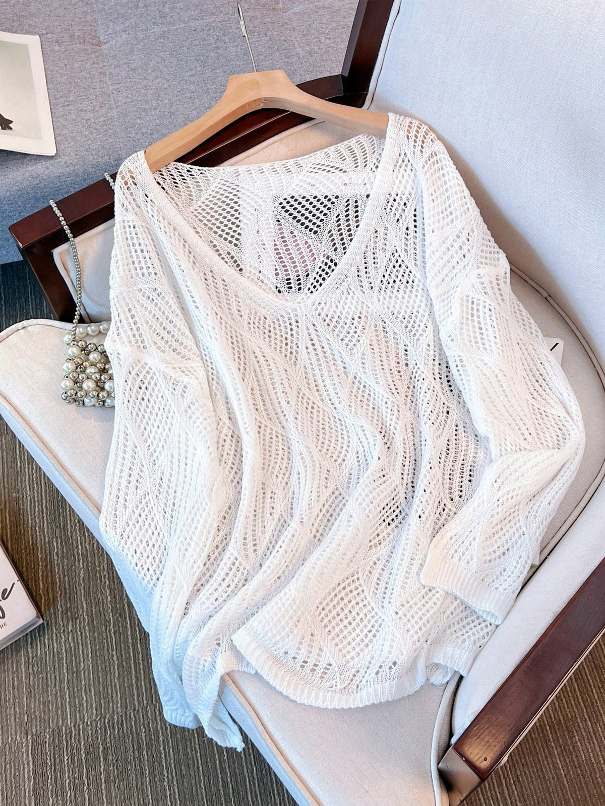 Women's V-Neck Hollow Rhombus Design Loose Knit Cover Up, Airy And Breathable For Beach/Resort Wear, Spring/Summer Vacation