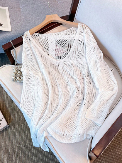 Women's V-Neck Hollow Rhombus Design Loose Knit Cover Up, Airy And Breathable For Beach/Resort Wear, Spring/Summer Vacation