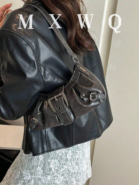 Women's Vintage Punk Rivet Motorcycle Bag, Shoulder Underarm Bag For Work And Commute