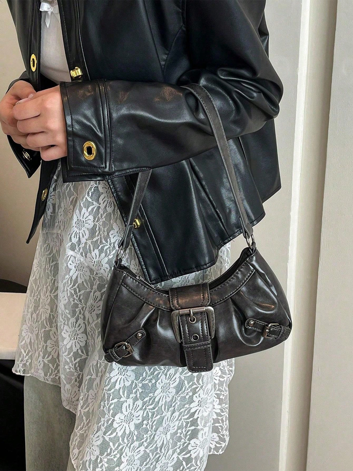 Women's Vintage Punk Rivet Motorcycle Bag, Shoulder Underarm Bag For Work And Commute