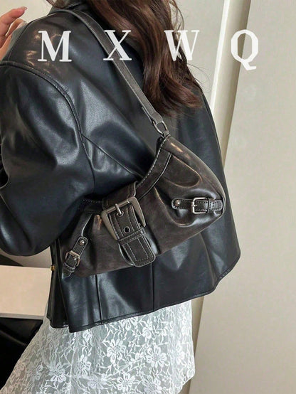 Women's Vintage Punk Rivet Motorcycle Bag, Shoulder Underarm Bag For Work And Commute