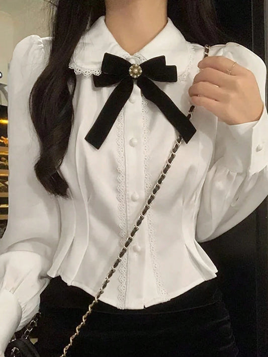 Women's White Bow Tie Blouse, Sweet Collegiate Style Cute Lace Patchwork Top, Round Neck Cropped Shirt, Office & Casual Wear, Spring/Summer