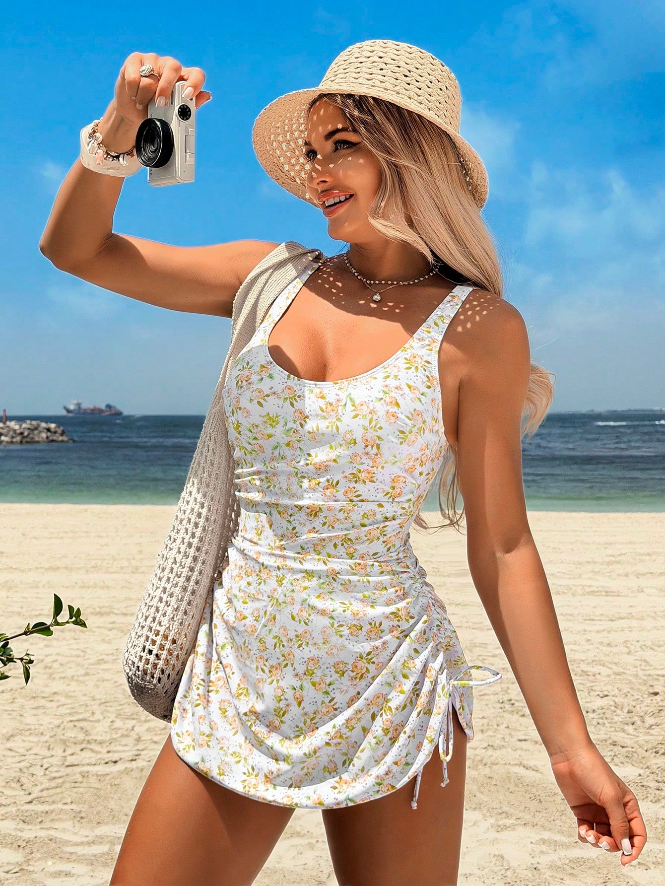 Women's White Floral Summer Swimsuit Dress,Tropical Holiday Pool Party Vacation Sundress,Geometric Print Bandage Beach Resort Wear