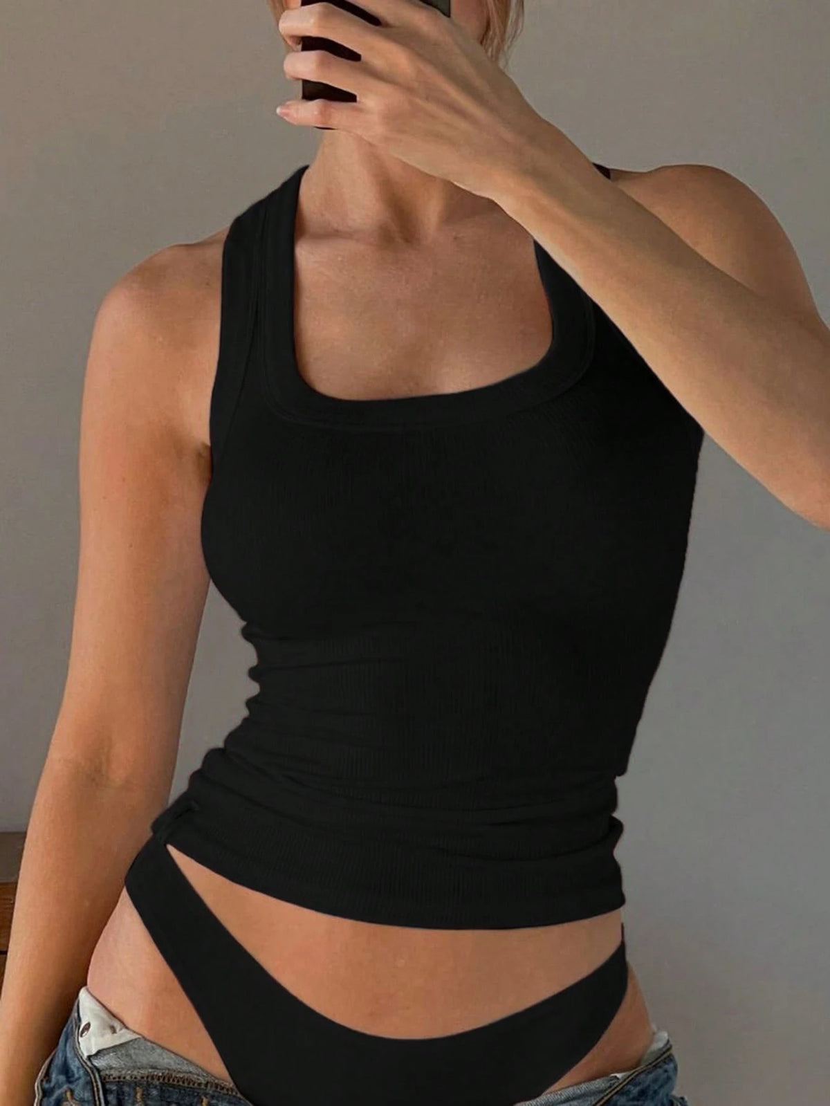 Women's Y2K Sexy Basic Casual Sports Homewear Square Neck Top Black Summer