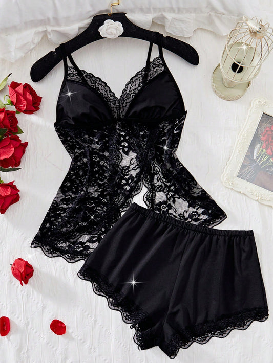 Women Sheer Floral Lace Sexy Lingerie Sleepwear Set V Neck Open Back Split Hem Camisole+Elastic Waist Shorts Soft Lightweight Pajamas Honeymoon Trip