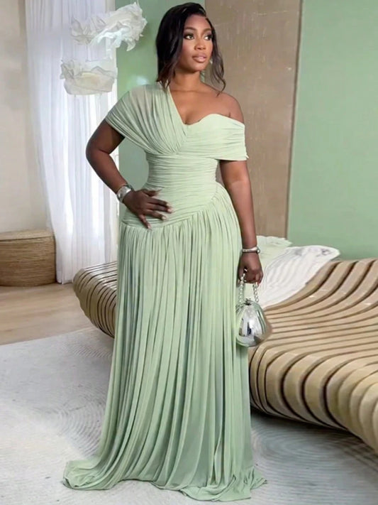 Women Short Sleeve Maxi Dress 2026 Summer European Asymmetrical Neck Ruched Self Tie Waist Elegant Slim Long Dress
