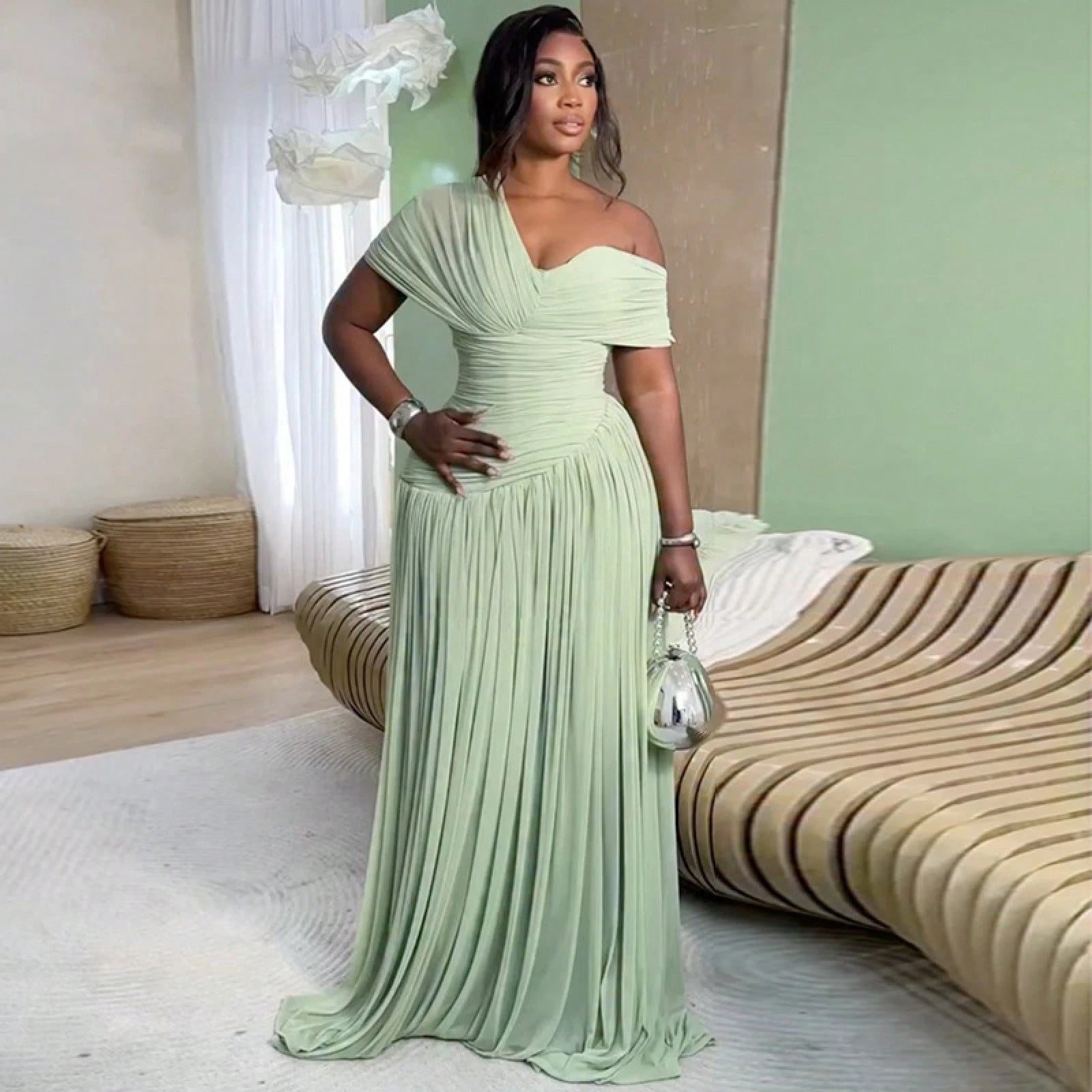 Women Short Sleeve Maxi Dress 2026 Summer European Asymmetrical Neck Ruched Self Tie Waist Elegant Slim Long Dress