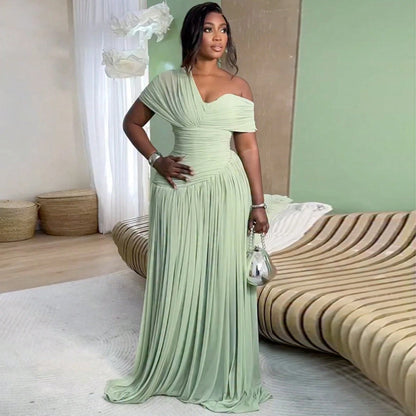 Women Short Sleeve Maxi Dress 2026 Summer European Asymmetrical Neck Ruched Self Tie Waist Elegant Slim Long Dress