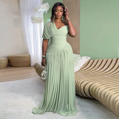 Women Short Sleeve Maxi Dress 2026 Summer European Asymmetrical Neck Ruched Self Tie Waist Elegant Slim Long Dress