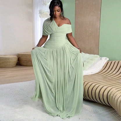 Women Short Sleeve Maxi Dress 2026 Summer European Asymmetrical Neck Ruched Self Tie Waist Elegant Slim Long Dress