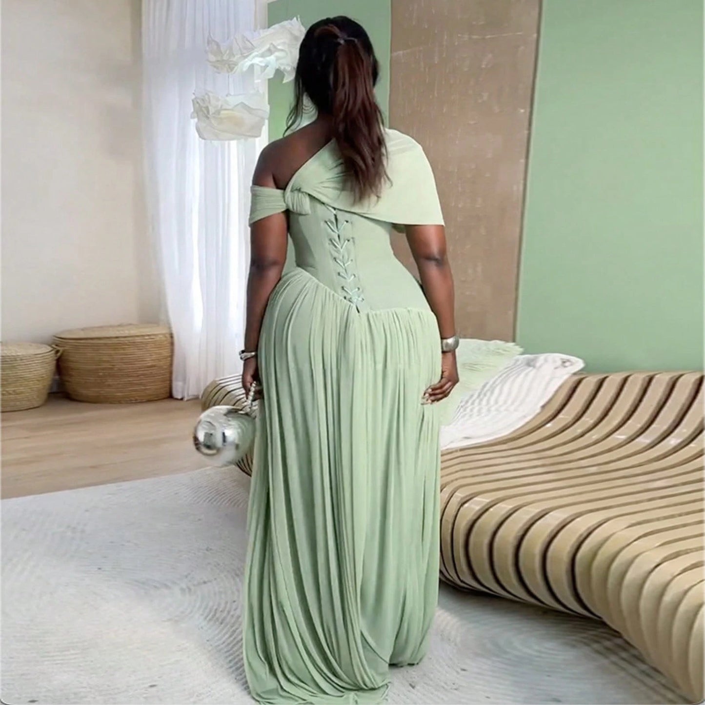 Women Short Sleeve Maxi Dress 2026 Summer European Asymmetrical Neck Ruched Self Tie Waist Elegant Slim Long Dress