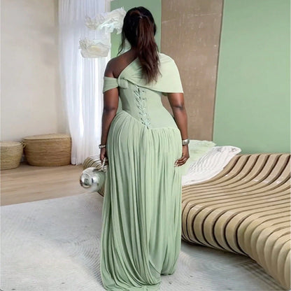 Women Short Sleeve Maxi Dress 2026 Summer European Asymmetrical Neck Ruched Self Tie Waist Elegant Slim Long Dress