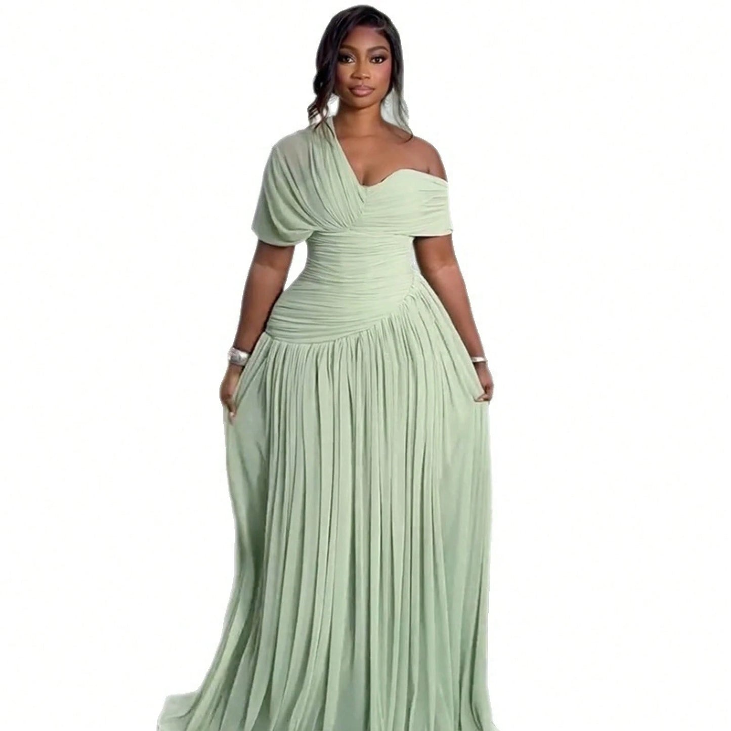 Women Short Sleeve Maxi Dress 2026 Summer European Asymmetrical Neck Ruched Self Tie Waist Elegant Slim Long Dress