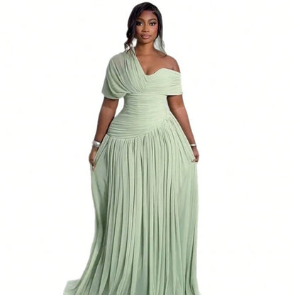 Women Short Sleeve Maxi Dress 2026 Summer European Asymmetrical Neck Ruched Self Tie Waist Elegant Slim Long Dress
