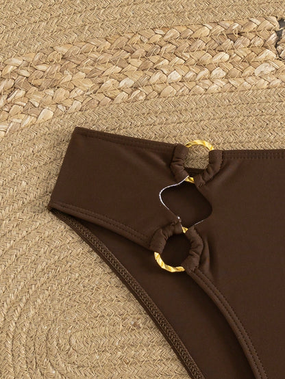 Women Solid Color High Waist Bikini Bottom With Metal Ring Decor, Casual Beach Holiday For Summer Beach Vacation