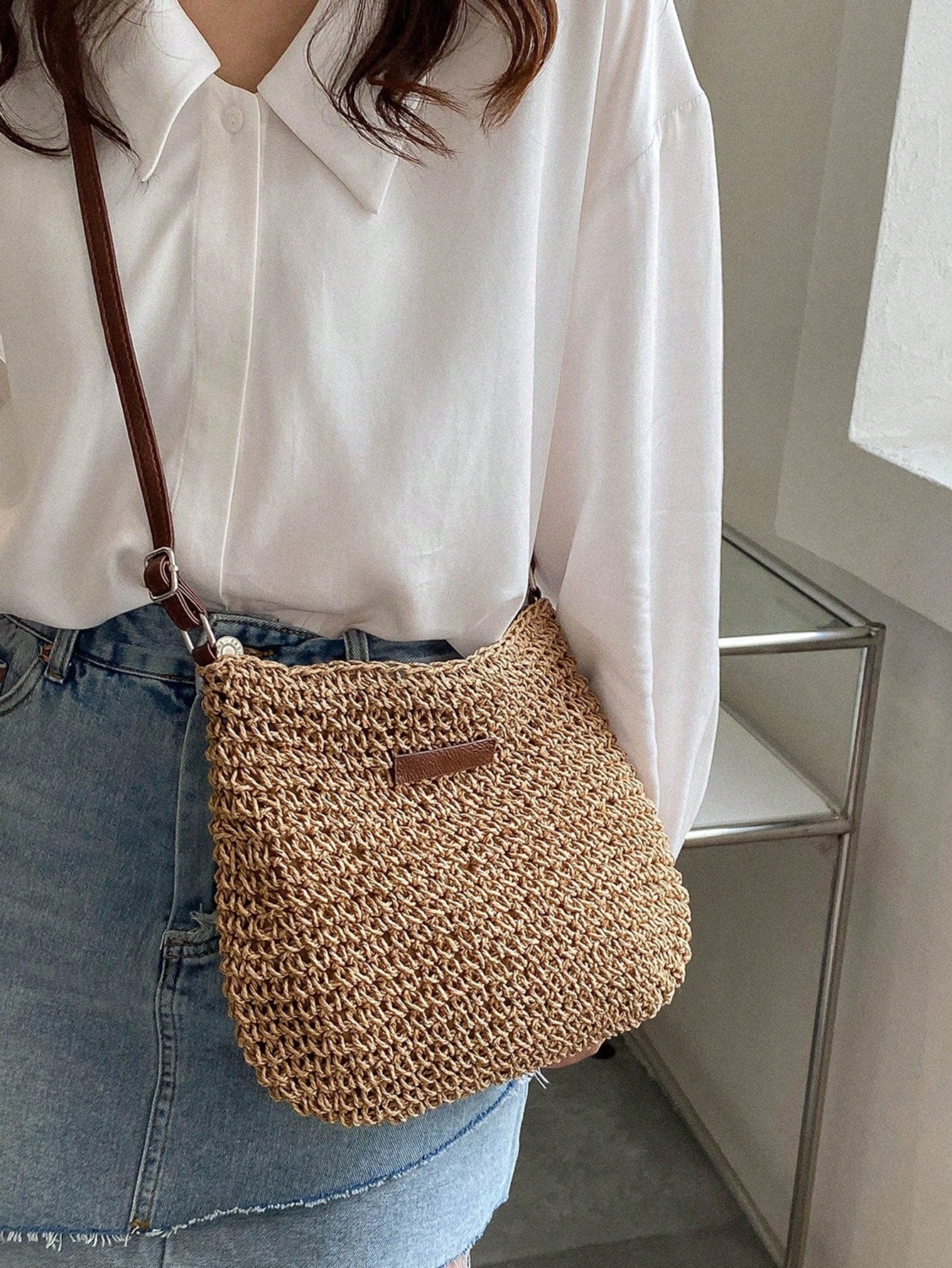 Women Straw Woven Crossbody Bag Summer Beach Shoulder Handbag Tote Bag White Woven Bag