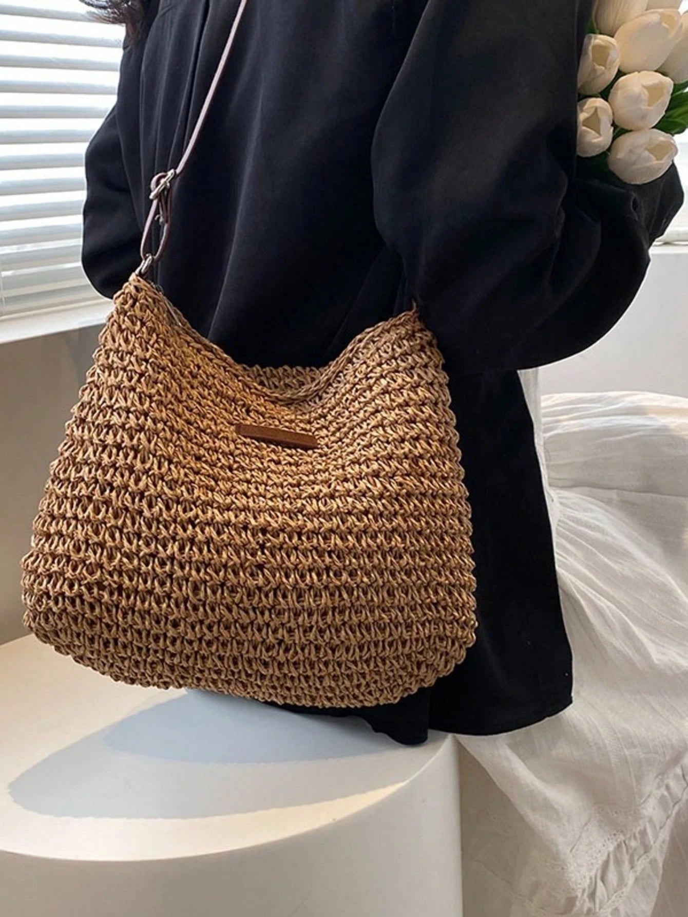 Women Straw Woven Crossbody Bag Summer Beach Shoulder Handbag Tote Bag White Woven Bag