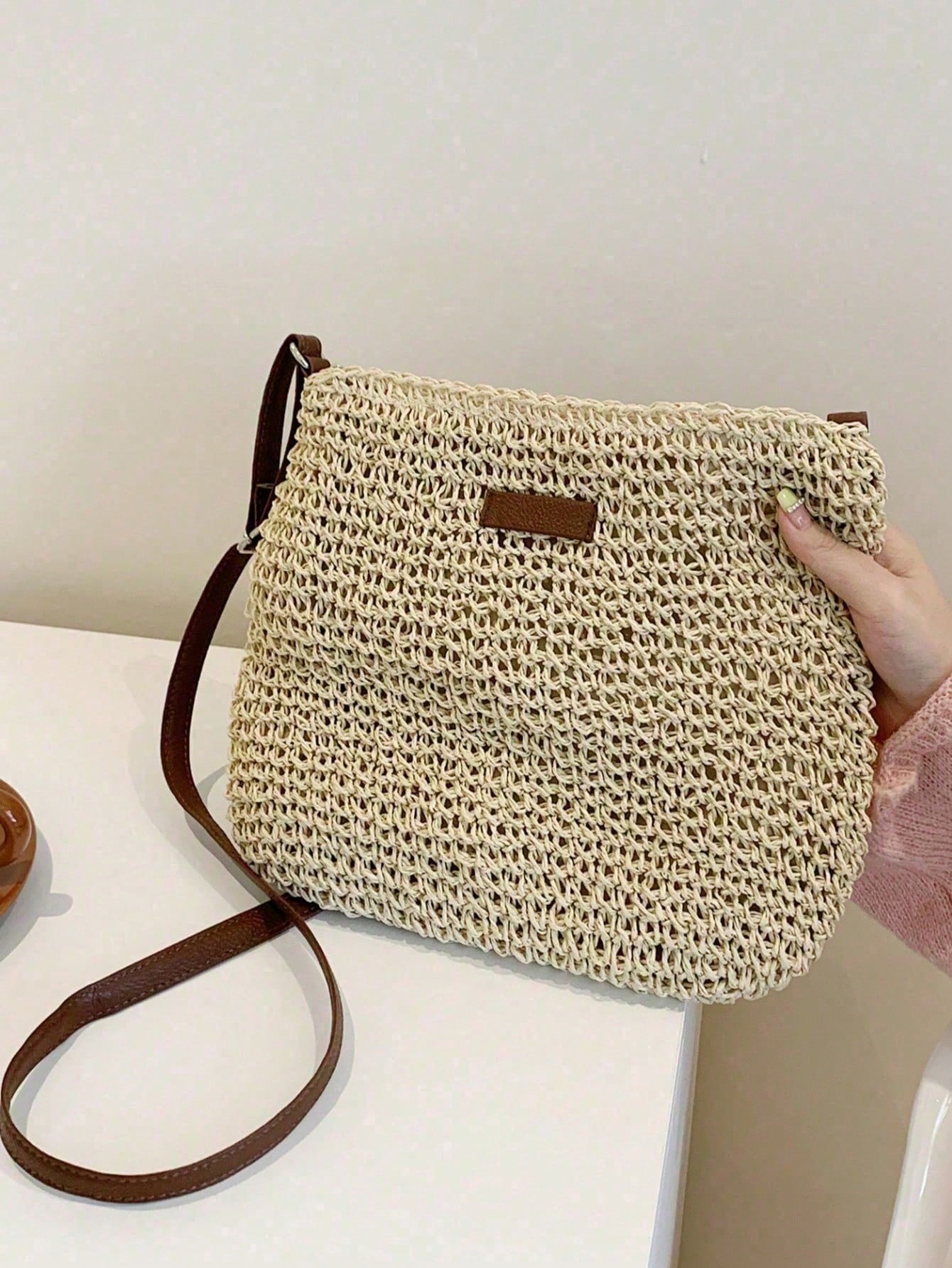 Women Straw Woven Crossbody Bag Summer Beach Shoulder Handbag Tote Bag White Woven Bag