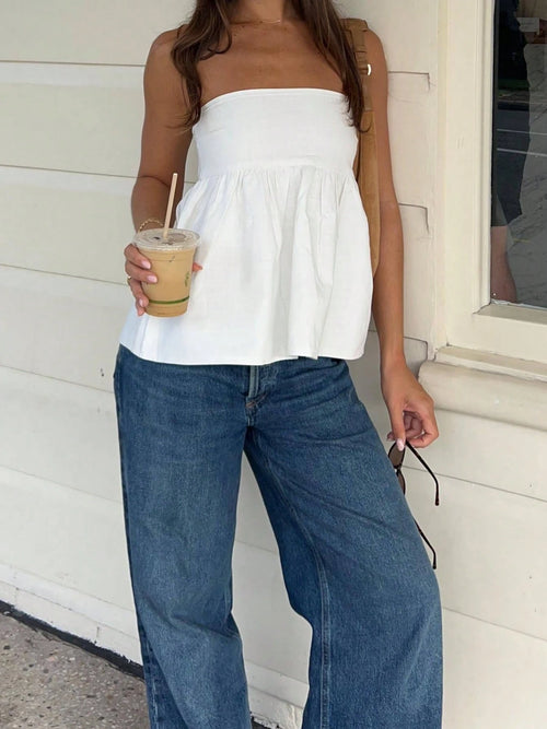Women Summer Flowy Tube Top Y2k Solid Color Strapless Off Shoulder Loose Babydoll Bandeau Crop Backless Sleeveless Going Out Daily Cute Streetwear Fit