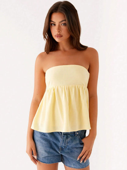Women Summer Flowy Tube Top Y2k Solid Color Strapless Off Shoulder Loose Babydoll Bandeau Crop Backless Sleeveless Going Out Daily Cute Streetwear Fit