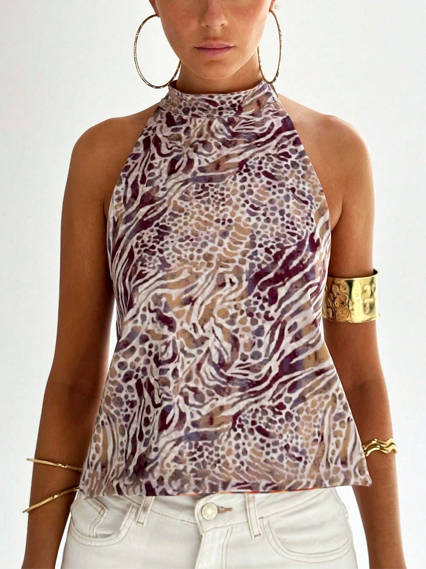 Women Y2K Halter Mock Neck Top Dot/Floral/Tie-Dye Graphic Sleeveless Backless Crop Tank Tops Summer Sexy Open Back Off Shoulder Going Out Vest Shirt