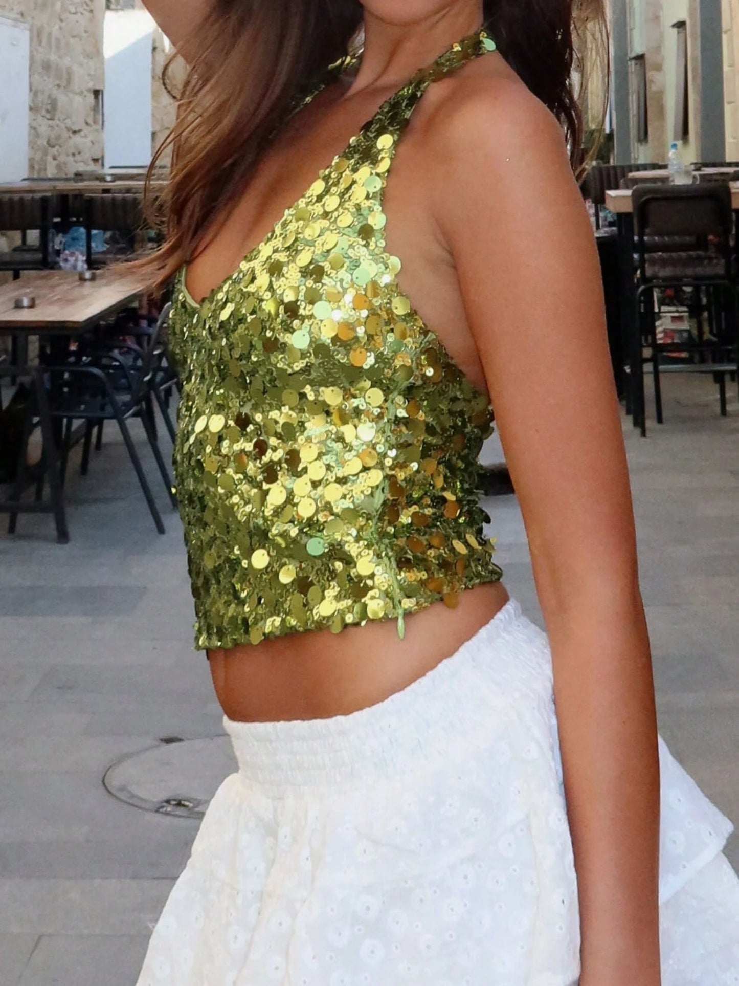 Women Y2k Sparkly Sequin Halter Tops Crop Glitter Sleeveless Open Backless Crop Tank Top Open Back Camisole Tops Slim Fitted Vest Shirt Summer Going Out Tops Party Clubwear Vintage Aesthetic Clothes