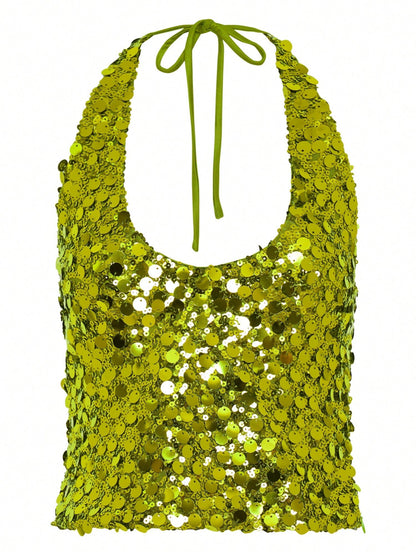Women Y2k Sparkly Sequin Halter Tops Crop Glitter Sleeveless Open Backless Crop Tank Top Open Back Camisole Tops Slim Fitted Vest Shirt Summer Going Out Tops Party Clubwear Vintage Aesthetic Clothes