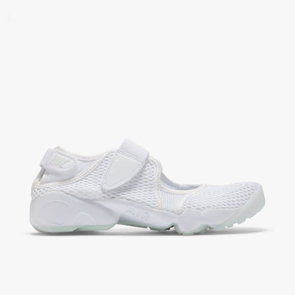 Nike Women's Air Rift Breathe. Side view of white split-toe sneaker with mesh upper, adjustable straps and sculpted sole.