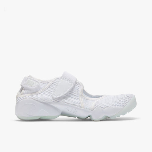 Nike Women's Air Rift Breathe. Side view of white split-toe sneaker with mesh upper, adjustable straps and sculpted sole.