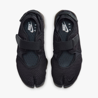 Nike Women's Air Rift Mesh. Top view of pair of black split-toe shoes showing midfoot straps, textile lining, and white Nike Air inner sole branding.