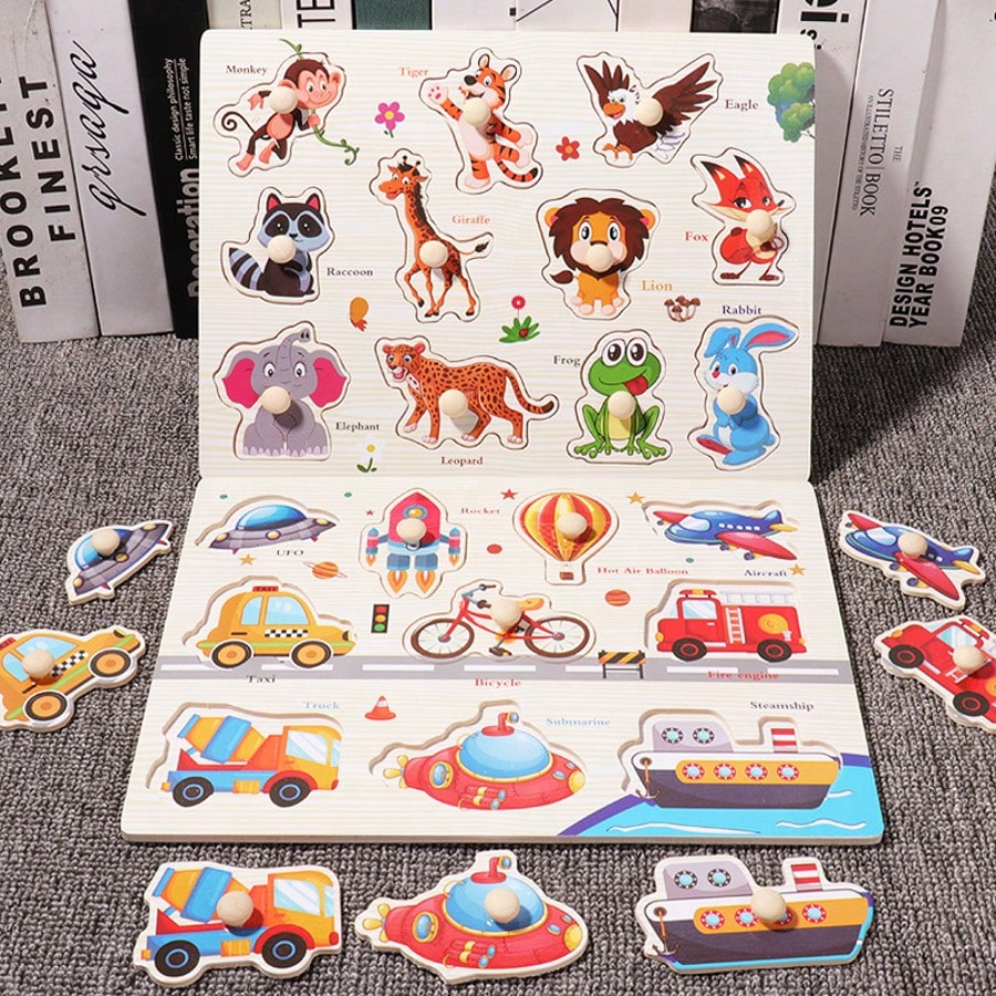Wooden Embedded Hand Scratching Board, Early Education Animal Cognitive Puzzle, Transportation Tool, Cartoon Toddler Baby Educational Toys