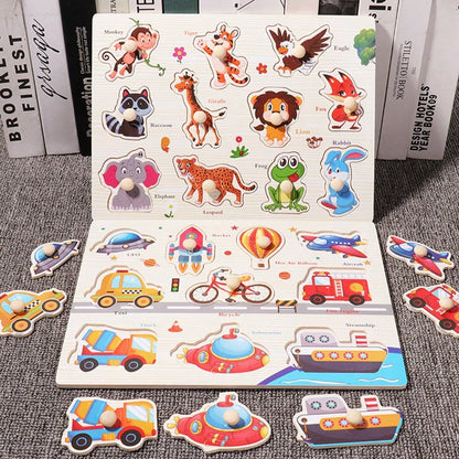 Wooden Embedded Hand Scratching Board, Early Education Animal Cognitive Puzzle, Transportation Tool, Cartoon Toddler Baby Educational Toys