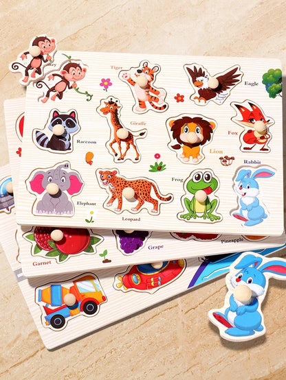 Wooden Embedded Hand Scratching Board, Early Education Animal Cognitive Puzzle, Transportation Tool, Cartoon Toddler Baby Educational Toys