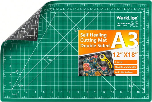 Worklion Self Healing Craft Mat: 18"X12" Rotary Cutting Mat For Sewing,Quilting,Leather,Craft,Fabric,Model,Art,Clay,5-Layer 2-Sided Cutting Mat, Green And Black