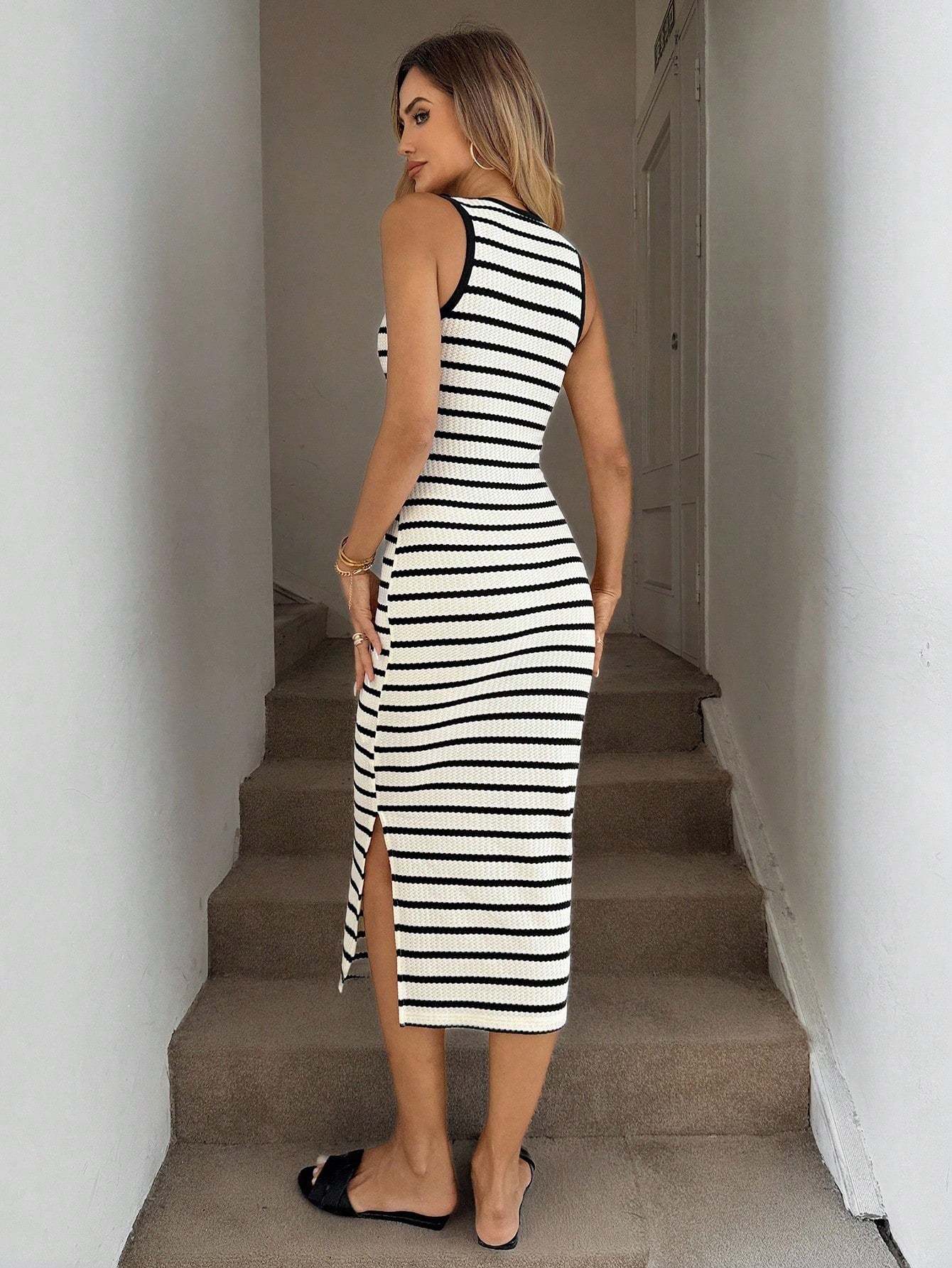 X GALILEA Easowa Black And White Striped Slim Side Slit Mid-Length Dress, Casual Vacation Office City Break Outfit, Spring/Summer Business Woman Cute Outfits Women