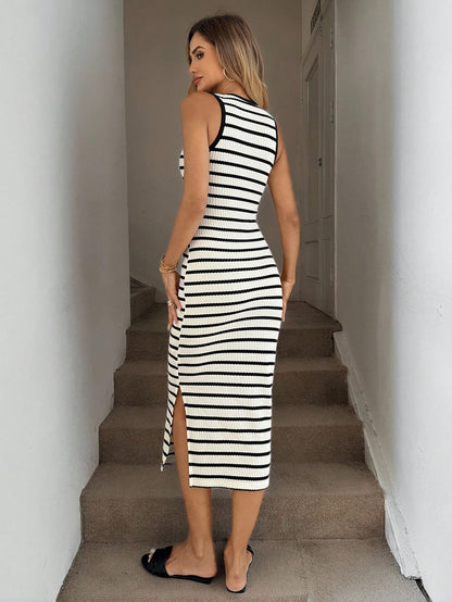 X GALILEA Easowa Black And White Striped Slim Side Slit Mid-Length Dress, Casual Vacation Office City Break Outfit, Spring/Summer Business Woman Cute Outfits Women