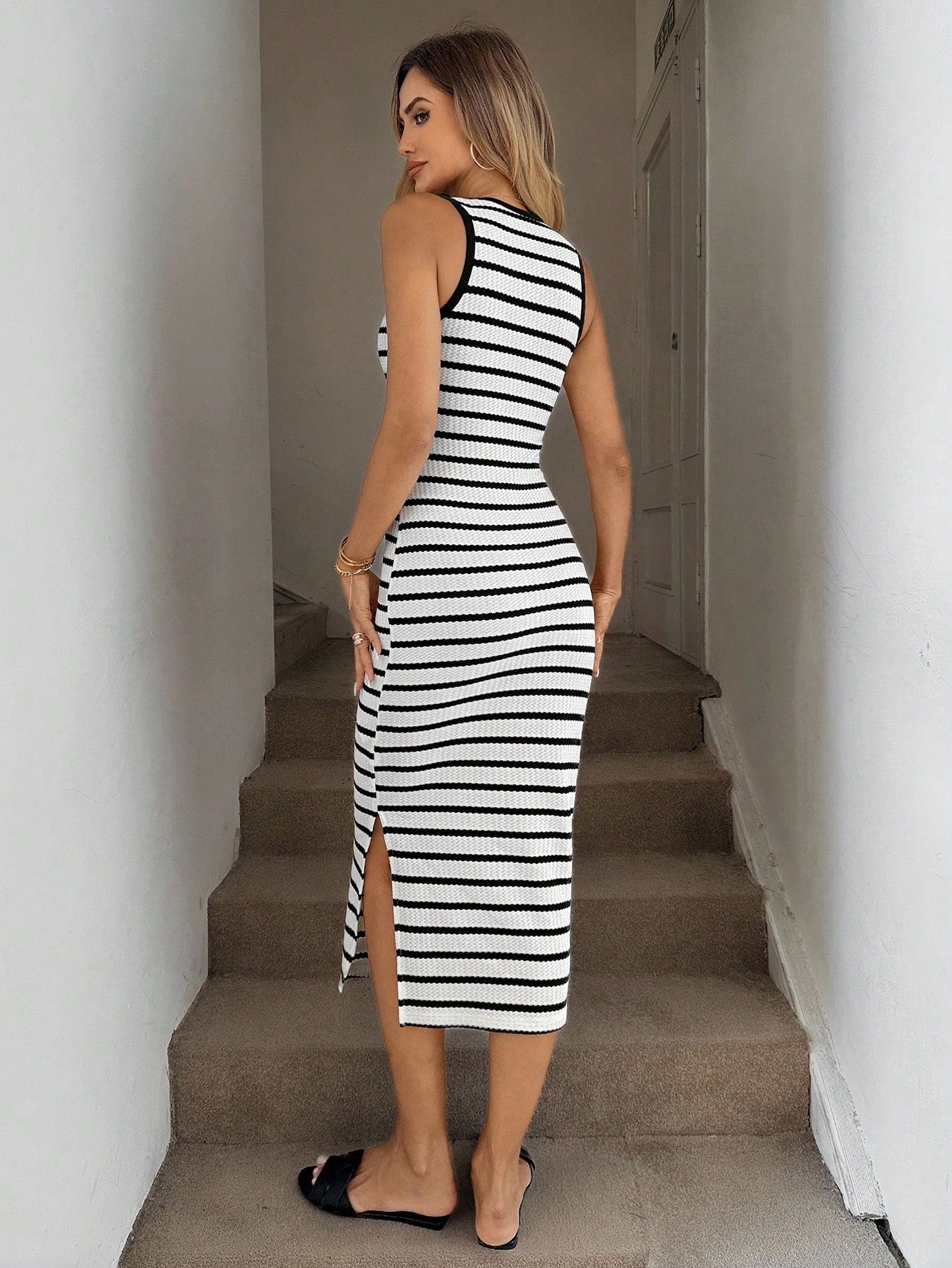 X GALILEA Easowa Black And White Striped Slim Side Slit Mid-Length Dress, Casual Vacation Office City Break Outfit, Spring/Summer Business Woman Cute Outfits Women