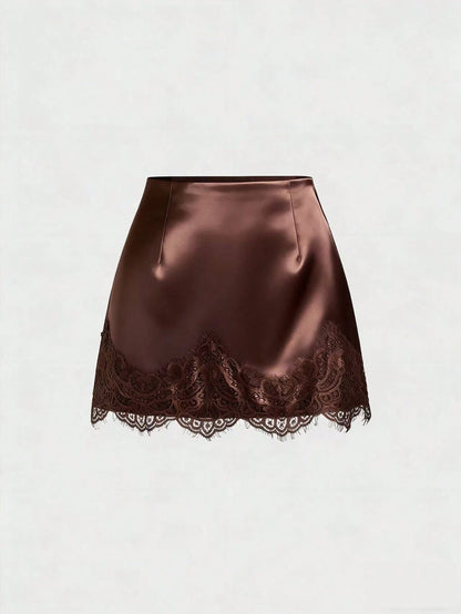 x Luisa Sonza Sweetra Elegant French Retro Satin Brown Floral Patchwork Casual Skirt, Chic Early Spring New Arrival