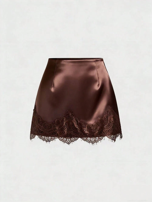 x Luisa Sonza Sweetra Elegant French Retro Satin Brown Floral Patchwork Casual Skirt, Chic Early Spring New Arrival