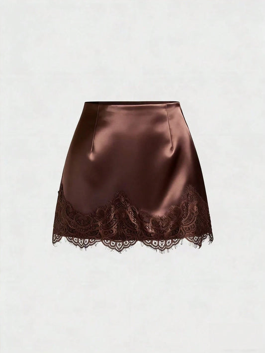 x Luisa Sonza Sweetra Elegant French Retro Satin Brown Floral Patchwork Casual Skirt, Chic Early Spring New Arrival