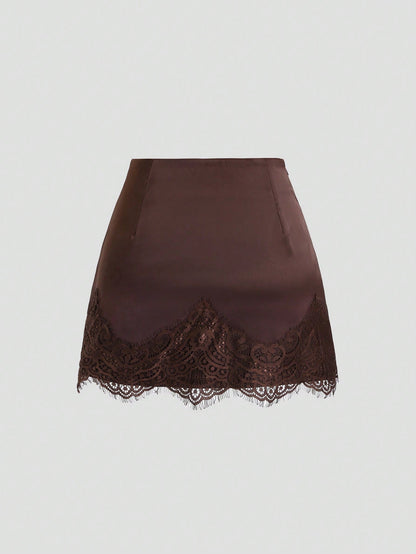 x Luisa Sonza Sweetra Elegant French Retro Satin Brown Floral Patchwork Casual Skirt, Chic Early Spring New Arrival