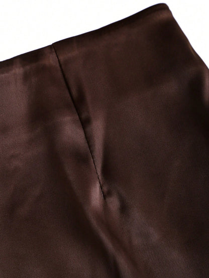 x Luisa Sonza Sweetra Elegant French Retro Satin Brown Floral Patchwork Casual Skirt, Chic Early Spring New Arrival