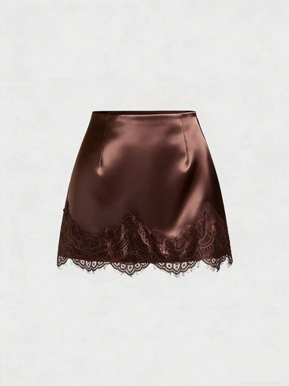 x Luisa Sonza Sweetra Elegant French Retro Satin Brown Floral Patchwork Casual Skirt, Chic Early Spring New Arrival