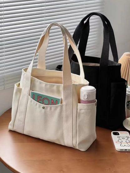 X Milania Women's Multi-Pocket Canvas Tote Bag, Large Capacity, Reusable,  Suitable For Daily Use And Travel,  Multi-Compartment Design (30x33cm)
