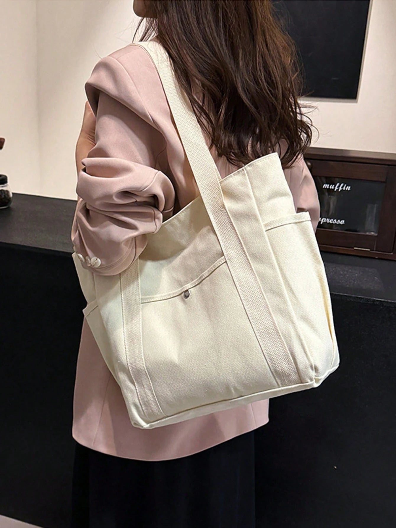 X Milania Women's Multi-Pocket Canvas Tote Bag, Large Capacity, Reusable,  Suitable For Daily Use And Travel,  Multi-Compartment Design (30x33cm)