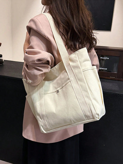 X Milania Women's Multi-Pocket Canvas Tote Bag, Large Capacity, Reusable,  Suitable For Daily Use And Travel,  Multi-Compartment Design (30x33cm)
