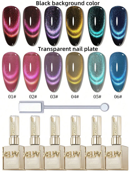 XEIJAYI 15ml Dopamine Dual-Color Cat Eye Gel Nail Polish, Shiny Semi-Transparent Effect, Salon-Grade Manicure, 6 Color Options, High-Quality DIY Nail Art- Includes Magnetic Stick