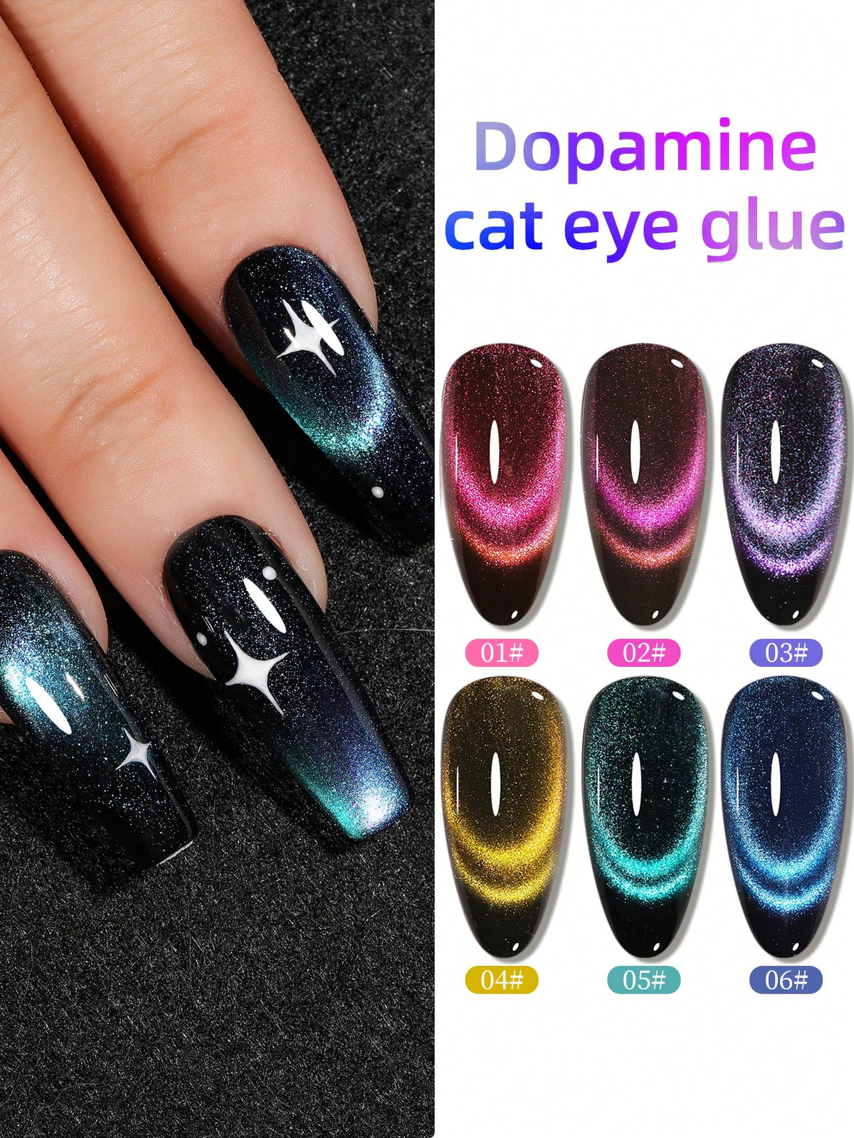 XEIJAYI 15ml Dopamine Dual-Color Cat Eye Gel Nail Polish, Shiny Semi-Transparent Effect, Salon-Grade Manicure, 6 Color Options, High-Quality DIY Nail Art- Includes Magnetic Stick