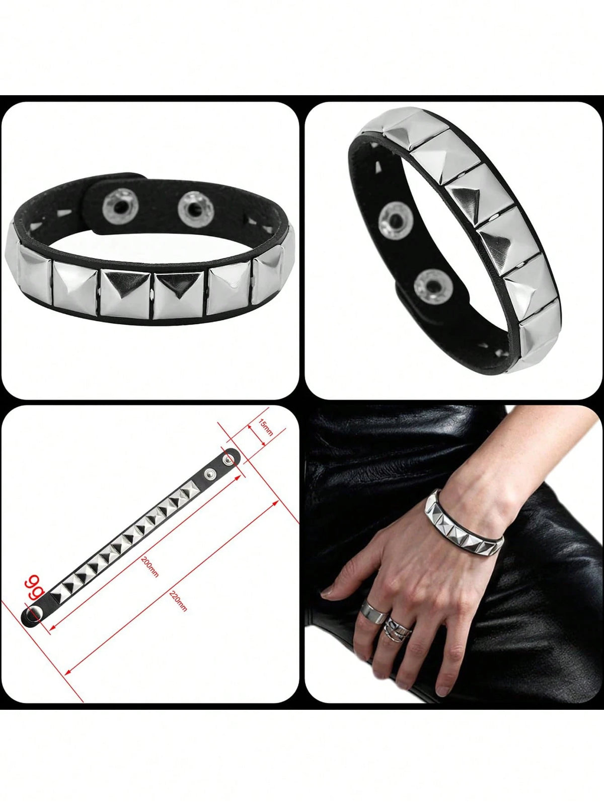 Xiacheng 4pcs PU Leather Rivet Bracelets, Unisex Spiked Punk Rock Grunge Style Cuff Wristbands, Emo Accessory Set, Suitable For 80s 90s Outfits