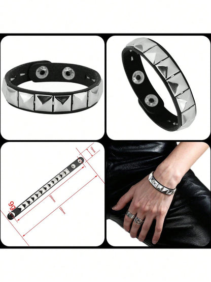 Xiacheng 4pcs PU Leather Rivet Bracelets, Unisex Spiked Punk Rock Grunge Style Cuff Wristbands, Emo Accessory Set, Suitable For 80s 90s Outfits